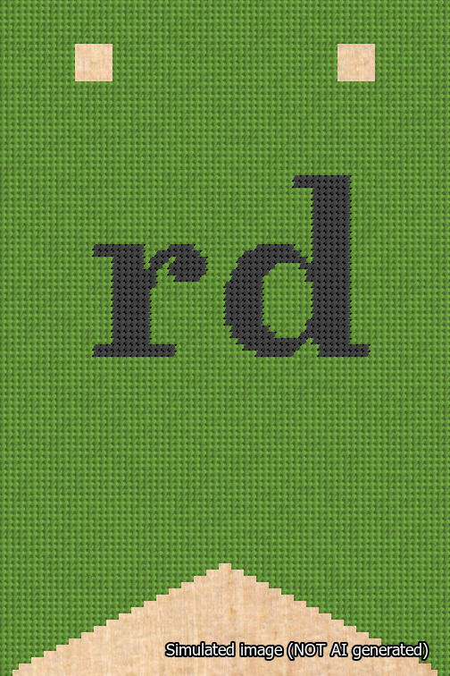 A simulated image of the stitched needlepoint design: Banner 18m Forked rd Black on Light Green. Not A.I. generated.