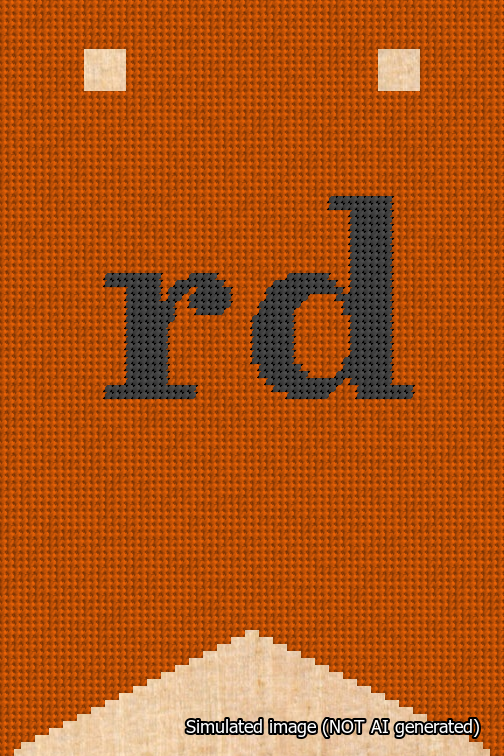 A simulated image of the stitched needlepoint design: Banner 18m Forked rd Black on Orange. Not A.I. generated.