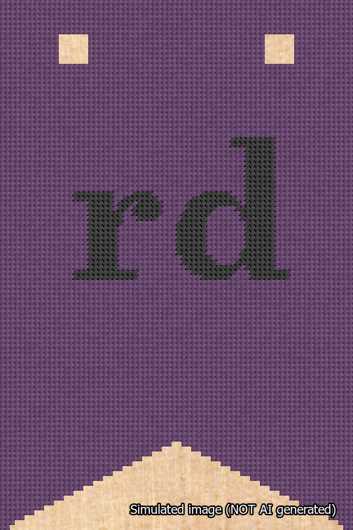 A simulated image of the stitched needlepoint design: Banner 18m Forked rd Black on Purple. Not A.I. generated.