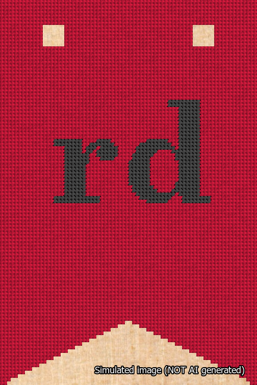 A simulated image of the stitched needlepoint design: Banner 18m Forked rd Black on Red. Not A.I. generated.
