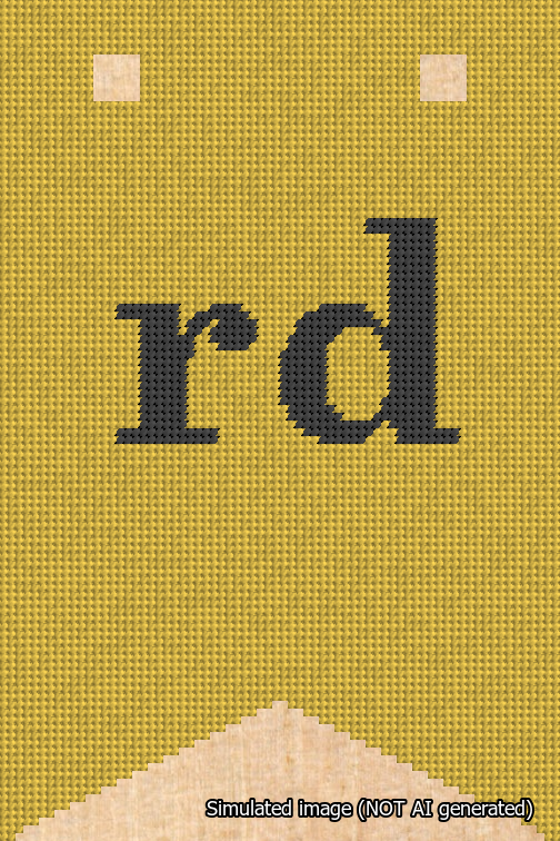 A simulated image of the stitched needlepoint design: Banner 18m Forked rd Black on Yellow. Not A.I. generated.