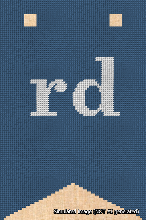 A simulated image of the stitched needlepoint design: Banner 18m Forked rd White on Blue. Not A.I. generated.
