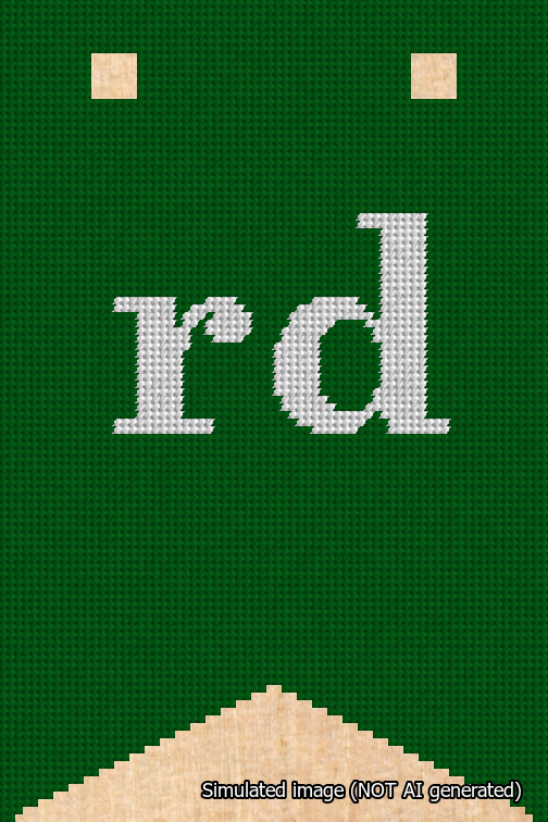 A simulated image of the stitched needlepoint design: Banner 18m Forked rd White on Green. Not A.I. generated.