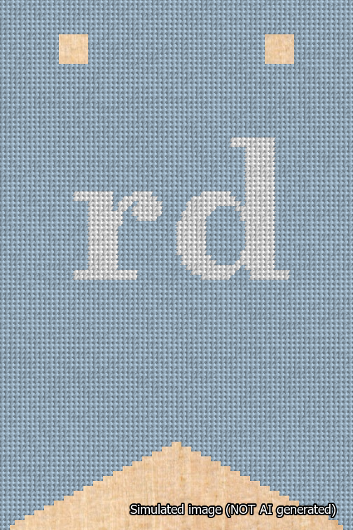 A simulated image of the stitched needlepoint design: Banner 18m Forked rd White on Light Blue. Not A.I. generated.
