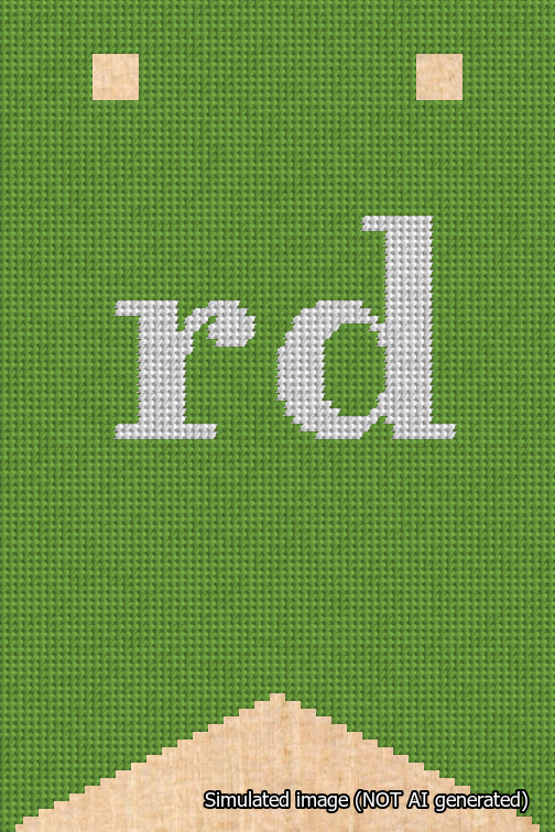 A simulated image of the stitched needlepoint design: Banner 18m Forked rd White on Light Green. Not A.I. generated.