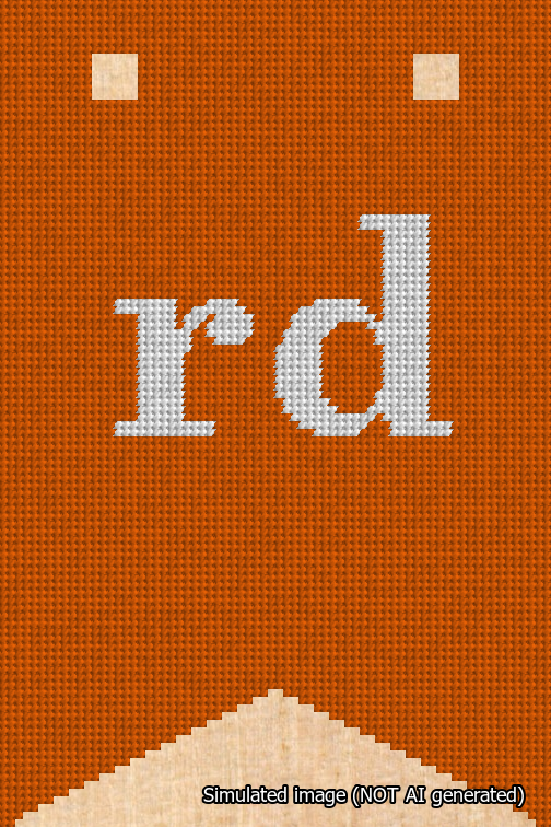 A simulated image of the stitched needlepoint design: Banner 18m Forked rd White on Orange. Not A.I. generated.