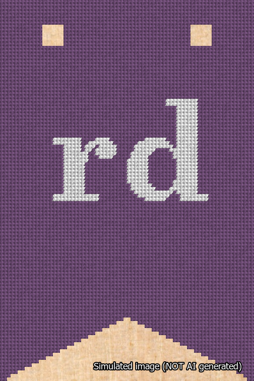 A simulated image of the stitched needlepoint design: Banner 18m Forked rd White on Purple. Not A.I. generated.