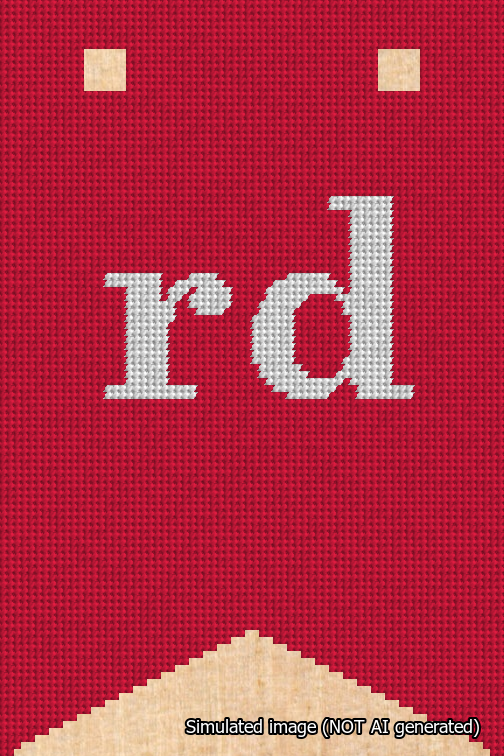 A simulated image of the stitched needlepoint design: Banner 18m Forked rd White on Red. Not A.I. generated.