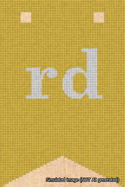 A simulated image of the stitched needlepoint design: Banner 18m Forked rd White on Yellow. Not A.I. generated.