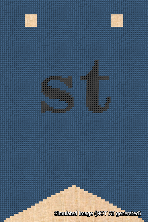 A simulated image of the stitched needlepoint design: Banner 18m Forked st Black on Blue. Not A.I. generated.