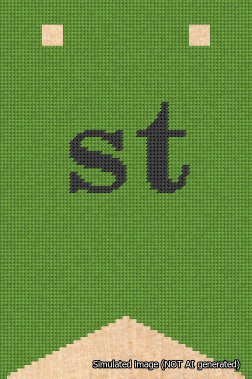 A simulated image of the stitched needlepoint design: Banner 18m Forked st Black on Light Green. Not A.I. generated.
