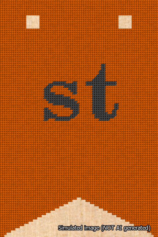 A simulated image of the stitched needlepoint design: Banner 18m Forked st Black on Orange. Not A.I. generated.