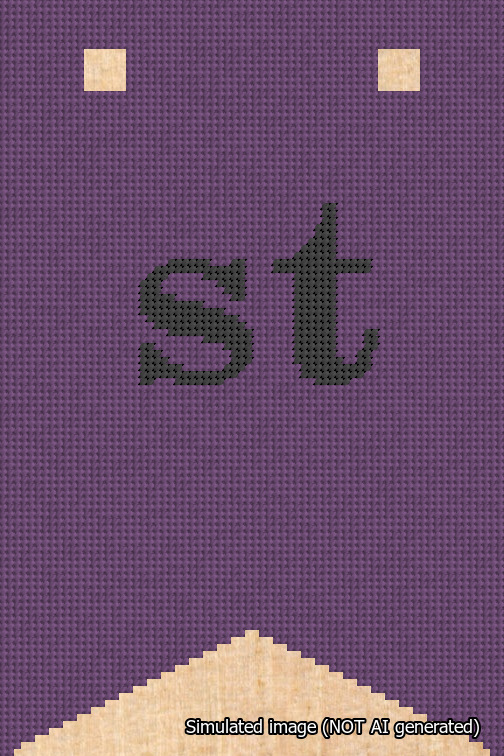 A simulated image of the stitched needlepoint design: Banner 18m Forked st Black on Purple. Not A.I. generated.