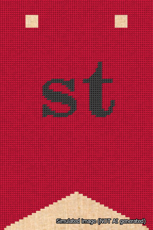 A simulated image of the stitched needlepoint design: Banner 18m Forked st Black on Red. Not A.I. generated.