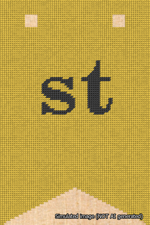 A simulated image of the stitched needlepoint design: Banner 18m Forked st Black on Yellow. Not A.I. generated.