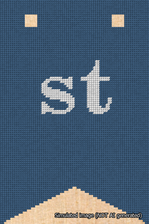 A simulated image of the stitched needlepoint design: Banner 18m Forked st White on Blue. Not A.I. generated.