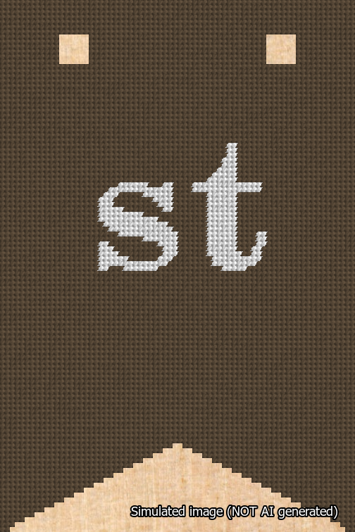 A simulated image of the stitched needlepoint design: Banner 18m Forked st White on Brown. Not A.I. generated.