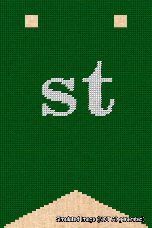 A simulated image of the stitched needlepoint design: Banner 18m Forked st White on Green. Not A.I. generated.
