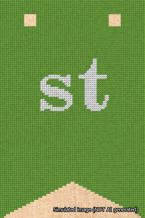 A simulated image of the stitched needlepoint design: Banner 18m Forked st White on Light Green. Not A.I. generated.
