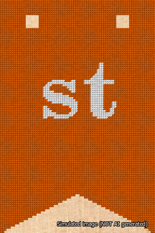 A simulated image of the stitched needlepoint design: Banner 18m Forked st White on Orange. Not A.I. generated.