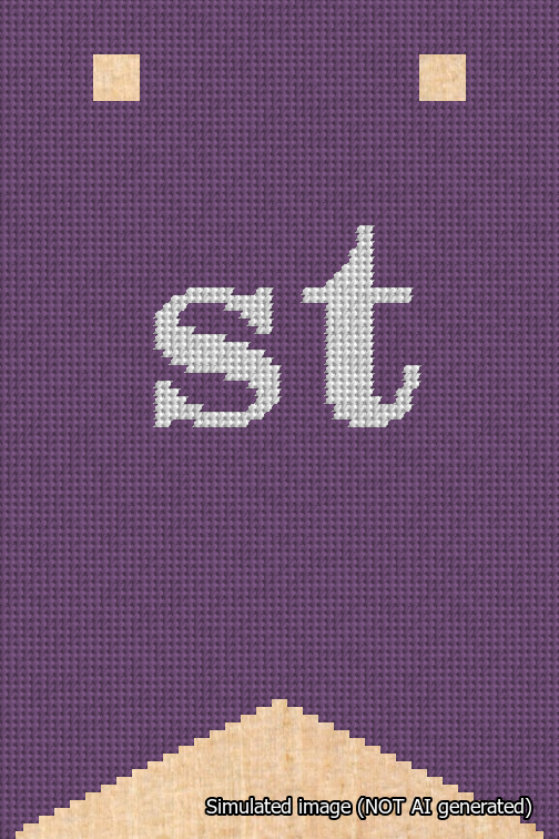 A simulated image of the stitched needlepoint design: Banner 18m Forked st White on Purple. Not A.I. generated.