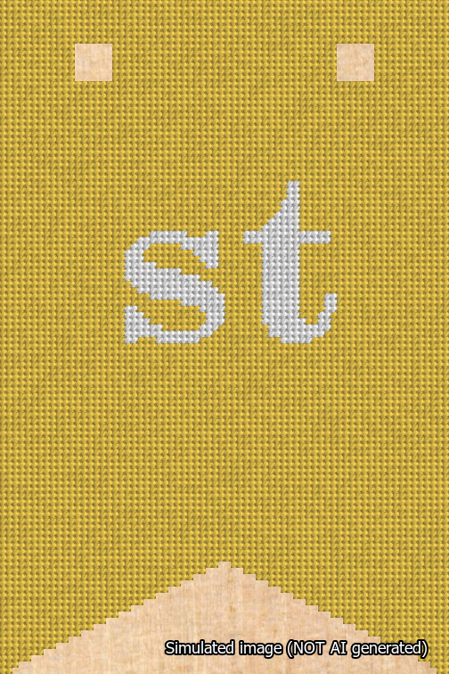 A simulated image of the stitched needlepoint design: Banner 18m Forked st White on Yellow. Not A.I. generated.