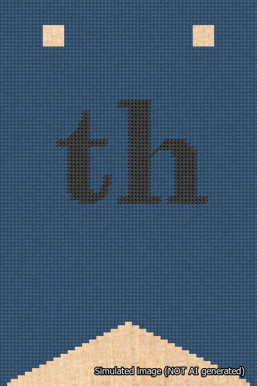 A simulated image of the stitched needlepoint design: Banner 18m Forked th Black on Blue. Not A.I. generated.