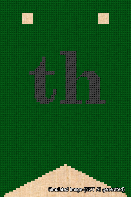A simulated image of the stitched needlepoint design: Banner 18m Forked th Black on Green. Not A.I. generated.