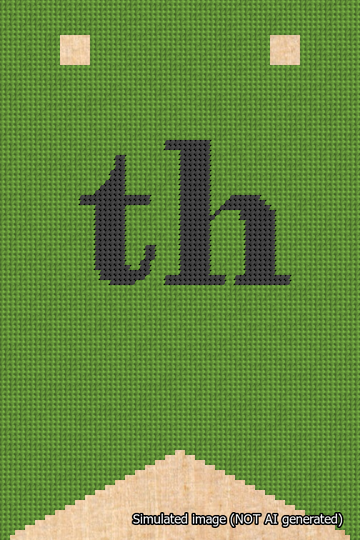 A simulated image of the stitched needlepoint design: Banner 18m Forked th Black on Light Green. Not A.I. generated.