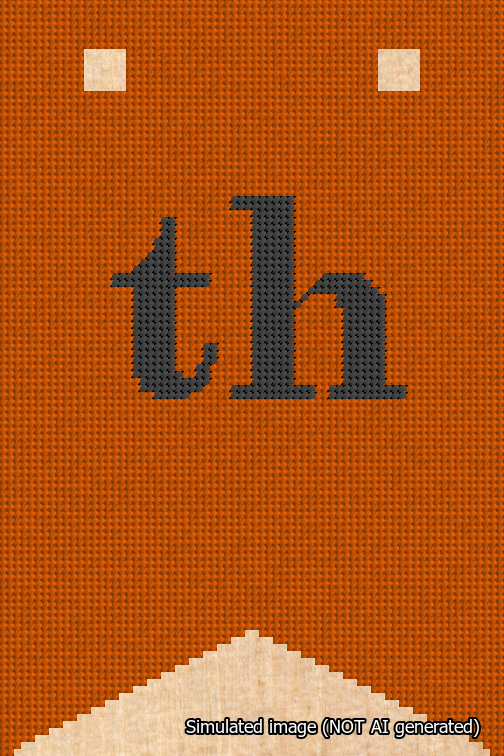 A simulated image of the stitched needlepoint design: Banner 18m Forked th Black on Orange. Not A.I. generated.