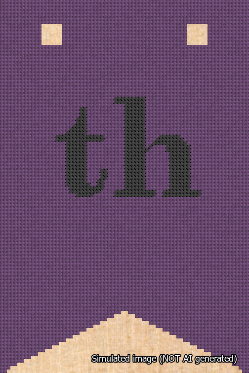 A simulated image of the stitched needlepoint design: Banner 18m Forked th Black on Purple. Not A.I. generated.