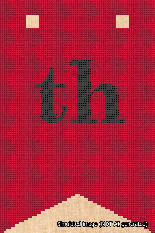 A simulated image of the stitched needlepoint design: Banner 18m Forked th Black on Red. Not A.I. generated.