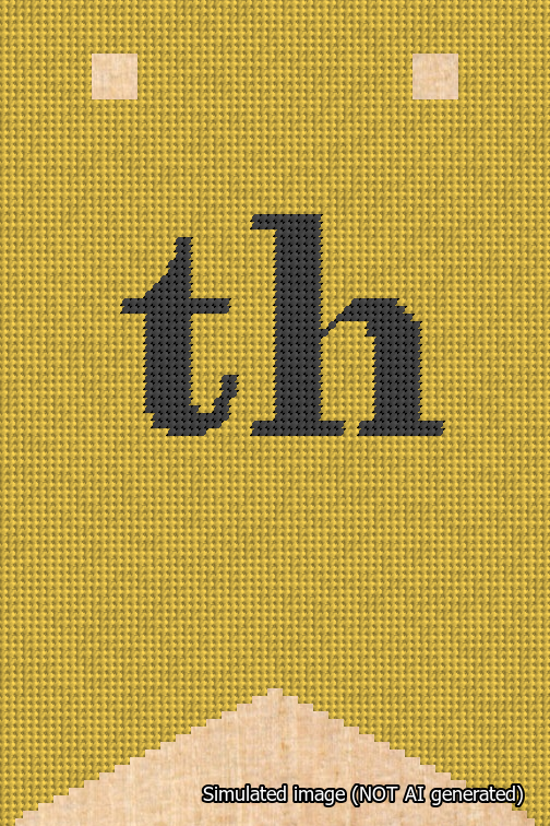 A simulated image of the stitched needlepoint design: Banner 18m Forked th Black on Yellow. Not A.I. generated.