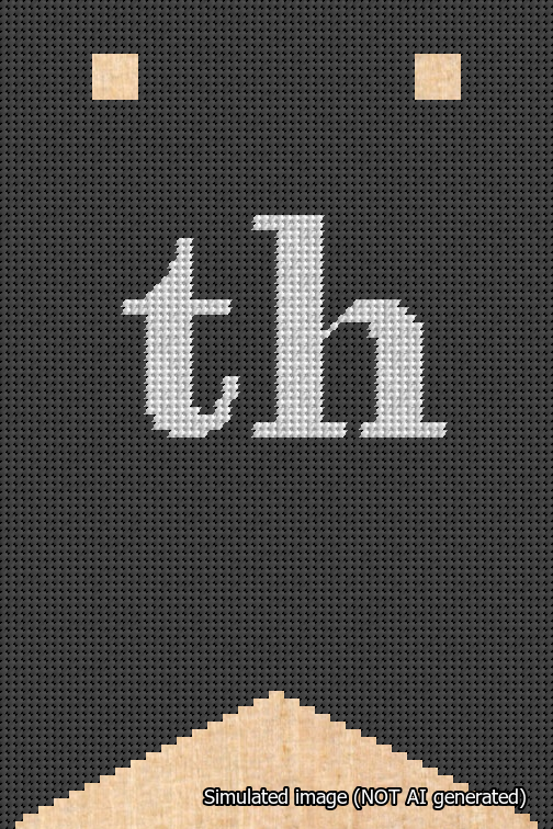 A simulated image of the stitched needlepoint design: Banner 18m Forked th White on Black. Not A.I. generated.