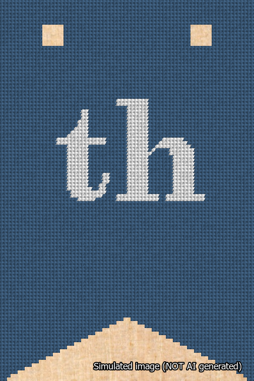 A simulated image of the stitched needlepoint design: Banner 18m Forked th White on Blue. Not A.I. generated.