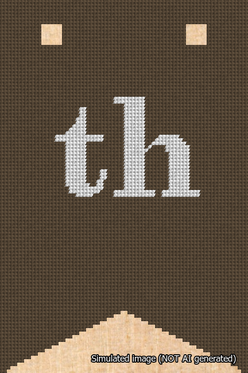 A simulated image of the stitched needlepoint design: Banner 18m Forked th White on Brown. Not A.I. generated.