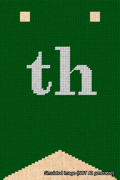 A simulated image of the stitched needlepoint design: Banner 18m Forked th White on Green. Not A.I. generated.