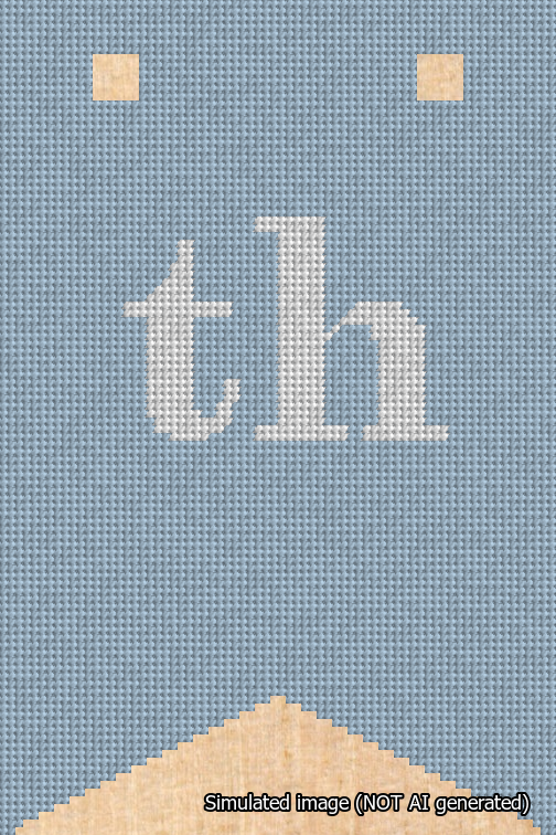 A simulated image of the stitched needlepoint design: Banner 18m Forked th White on Light Blue. Not A.I. generated.