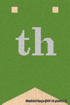 A simulated image of the stitched needlepoint design: Banner 18m Forked th White on Light Green. Not A.I. generated.