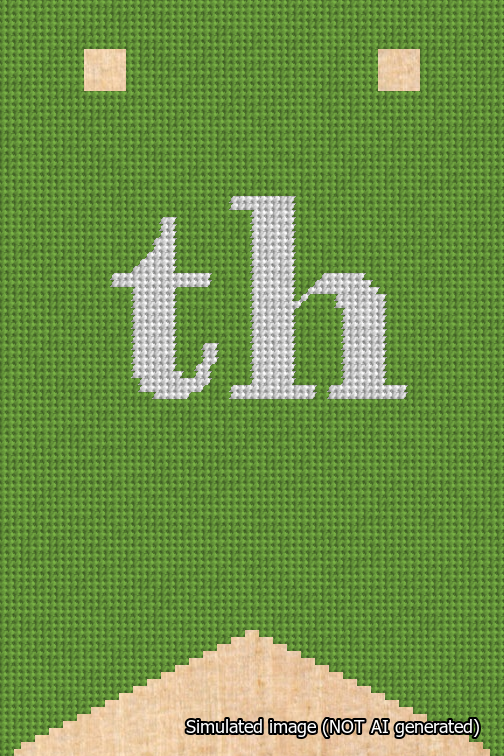 A simulated image of the stitched needlepoint design: Banner 18m Forked th White on Light Green. Not A.I. generated.