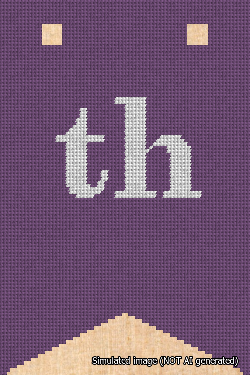 A simulated image of the stitched needlepoint design: Banner 18m Forked th White on Purple. Not A.I. generated.