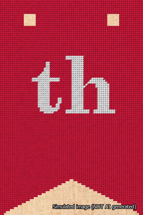 A simulated image of the stitched needlepoint design: Banner 18m Forked th White on Red. Not A.I. generated.
