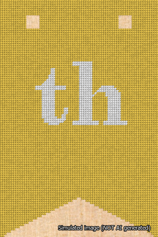 A simulated image of the stitched needlepoint design: Banner 18m Forked th White on Yellow. Not A.I. generated.
