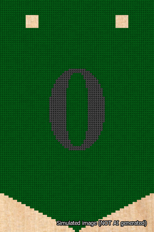 A simulated image of the stitched needlepoint design: Banner 18m Pointed 0 Black on Green. Not A.I. generated.