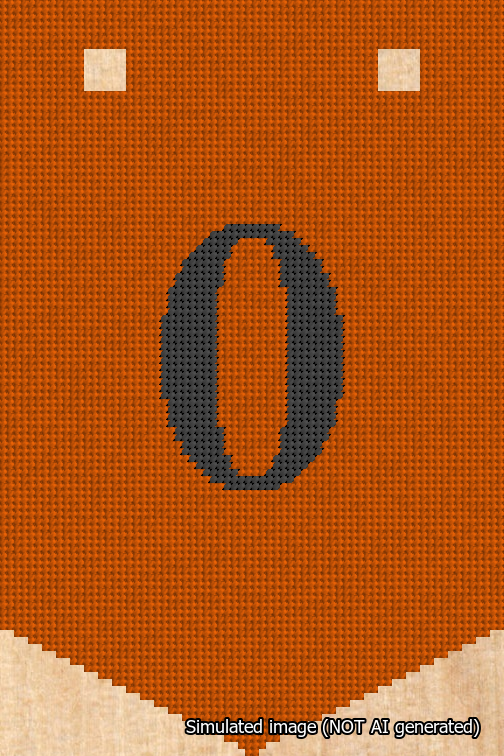 A simulated image of the stitched needlepoint design: Banner 18m Pointed 0 Black on Orange. Not A.I. generated.