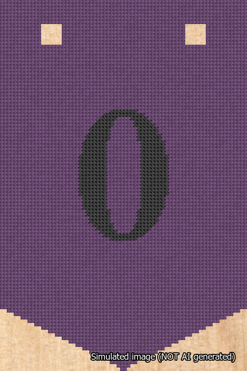 A simulated image of the stitched needlepoint design: Banner 18m Pointed 0 Black on Purple. Not A.I. generated.