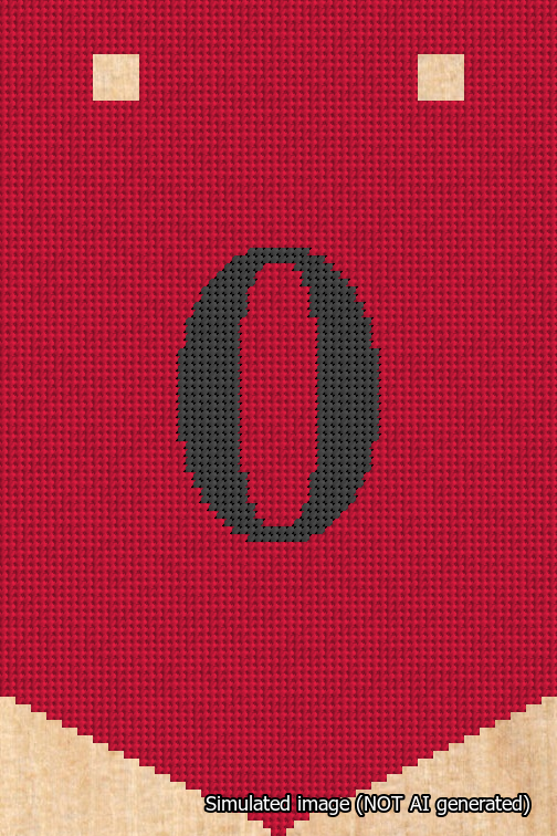A simulated image of the stitched needlepoint design: Banner 18m Pointed 0 Black on Red. Not A.I. generated.