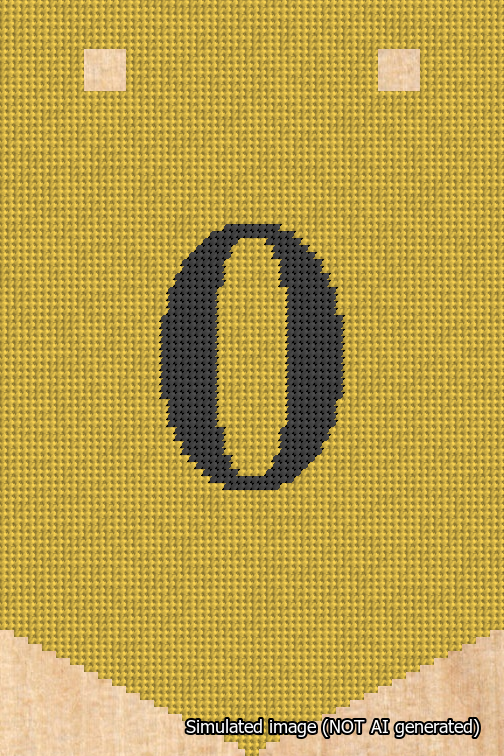 A simulated image of the stitched needlepoint design: Banner 18m Pointed 0 Black on Yellow. Not A.I. generated.