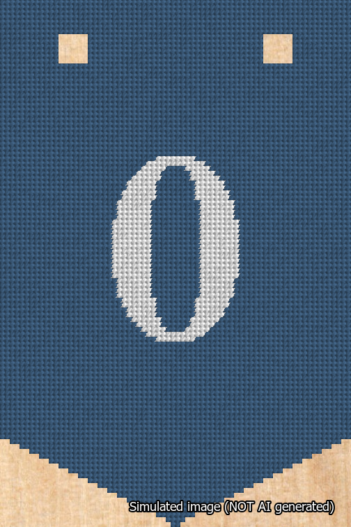 A simulated image of the stitched needlepoint design: Banner 18m Pointed 0 White on Blue. Not A.I. generated.