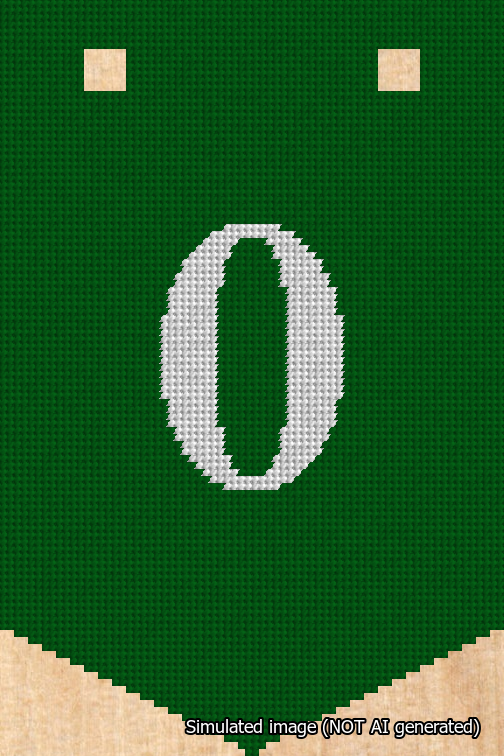 A simulated image of the stitched needlepoint design: Banner 18m Pointed 0 White on Green. Not A.I. generated.